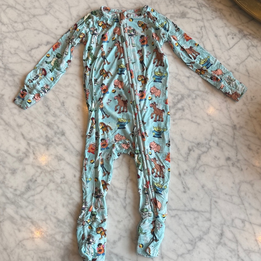 Light Blue Kids Footie Pajamas with Toy Character Print